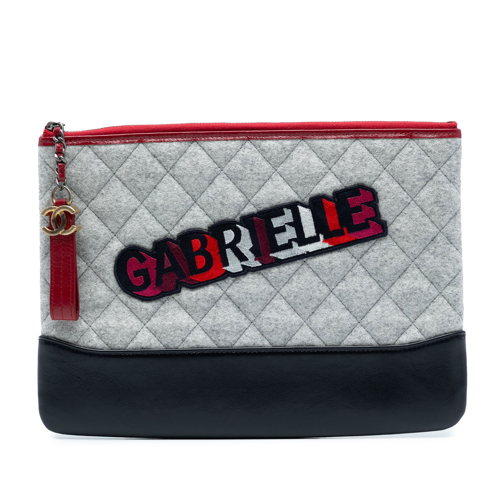 Chanel Medium Quilted Wool Calfskin Gabrielle O Case Clutch Gray: Chanel Medium Quilted Wool Calfskin Gabrielle O Case Clutch Gray This Chanel Medium Quilted Wool and Calfskin Gabrielle O Case Clutch is a sophisticated accessory featuring a luxurious wool body compl