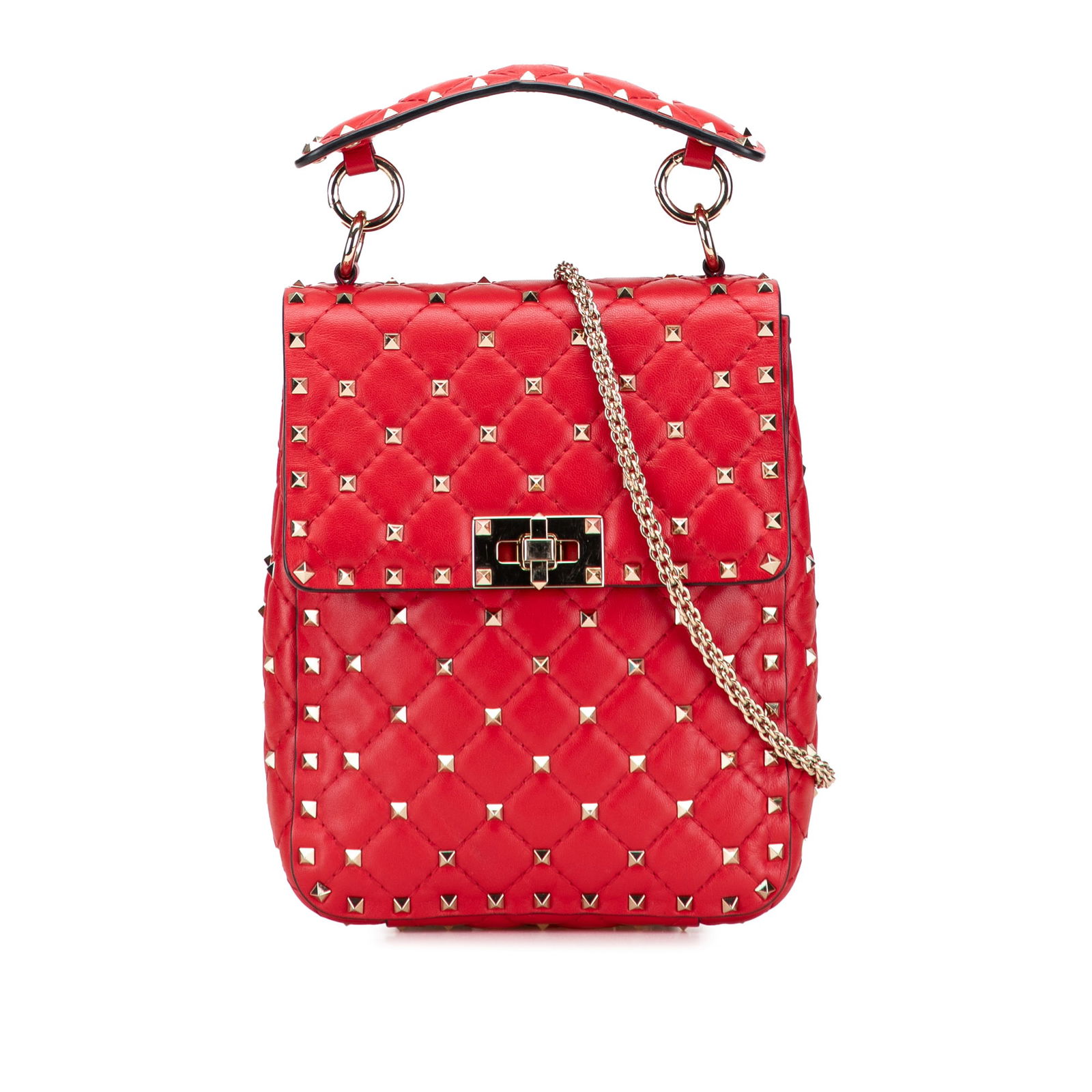 Valentino Red Nappa Rockstud Spike Satchel with Chain Strap: Valentino Red Nappa Rockstud Spike Satchel with Chain Strap Introducing the Valentino Nappa Rockstud Spike Vertical Satchel, a stunning blend of elegance and edgy design. This satchel features a luxur