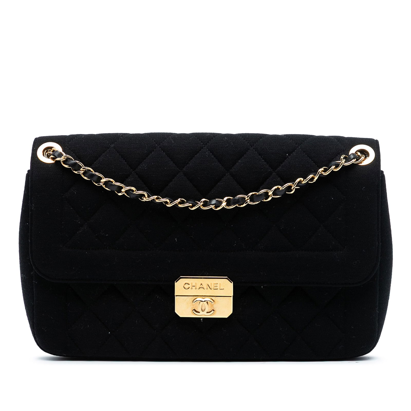 Chanel Chic With Me Large Flap Jersey Crossbody Bag Black: Chanel Chic With Me Large Flap Jersey Crossbody Bag Black This Chanel Large Jersey Chic With Me Flap crossbody bag features a black jersey fabric body, complemented by gold-toned woven leather chain l
