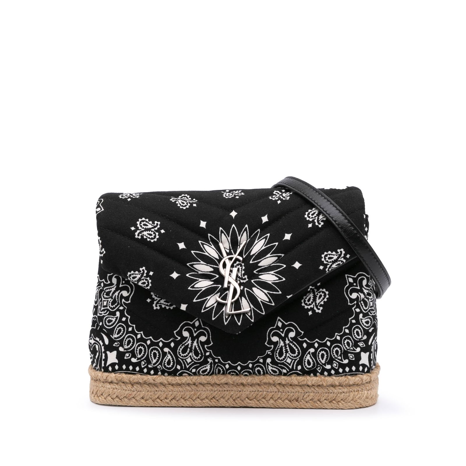 Saint Laurent Toy Cotton Bandana Print Loulou Crossbody Bag Black Fabric: Saint Laurent Toy Cotton Bandana Print Loulou Crossbody Bag Black Fabric The Saint Laurent Toy Cotton Bandana Print Loulou Crossbody is a stylish bag featuring a printed cotton body with raffia trim.
