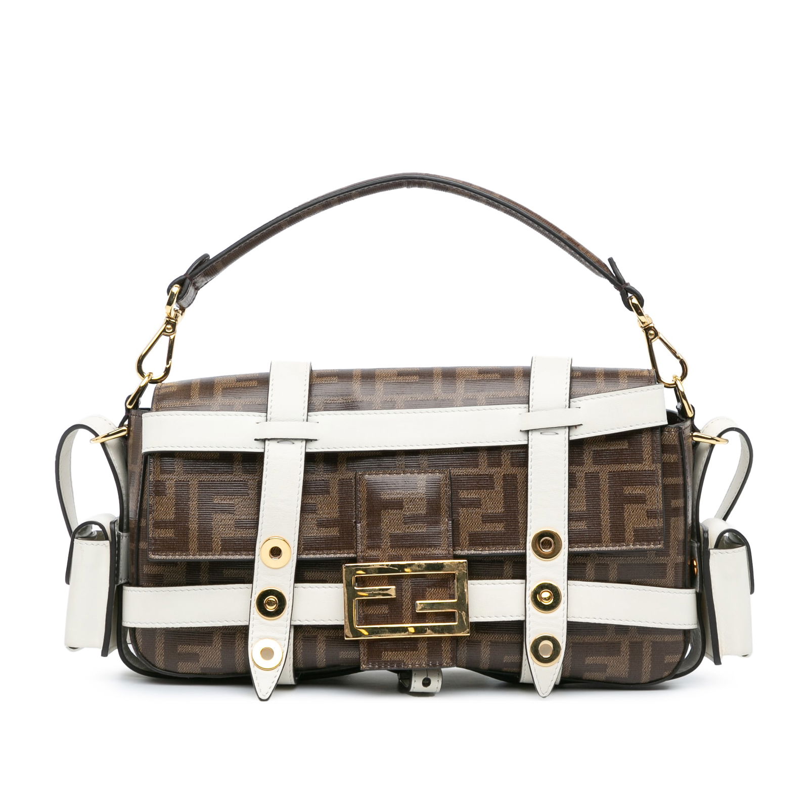 Fendi Baguette Satchel in Zucca Glazed Canvas with Leather Trim: Fendi Baguette Satchel in Zucca Glazed Canvas with Leather Trim The Fendi Zucca Glazed Fabric Cage Baguette Satchel showcases a coated canvas body with leather trim, complemented by a removable flat c