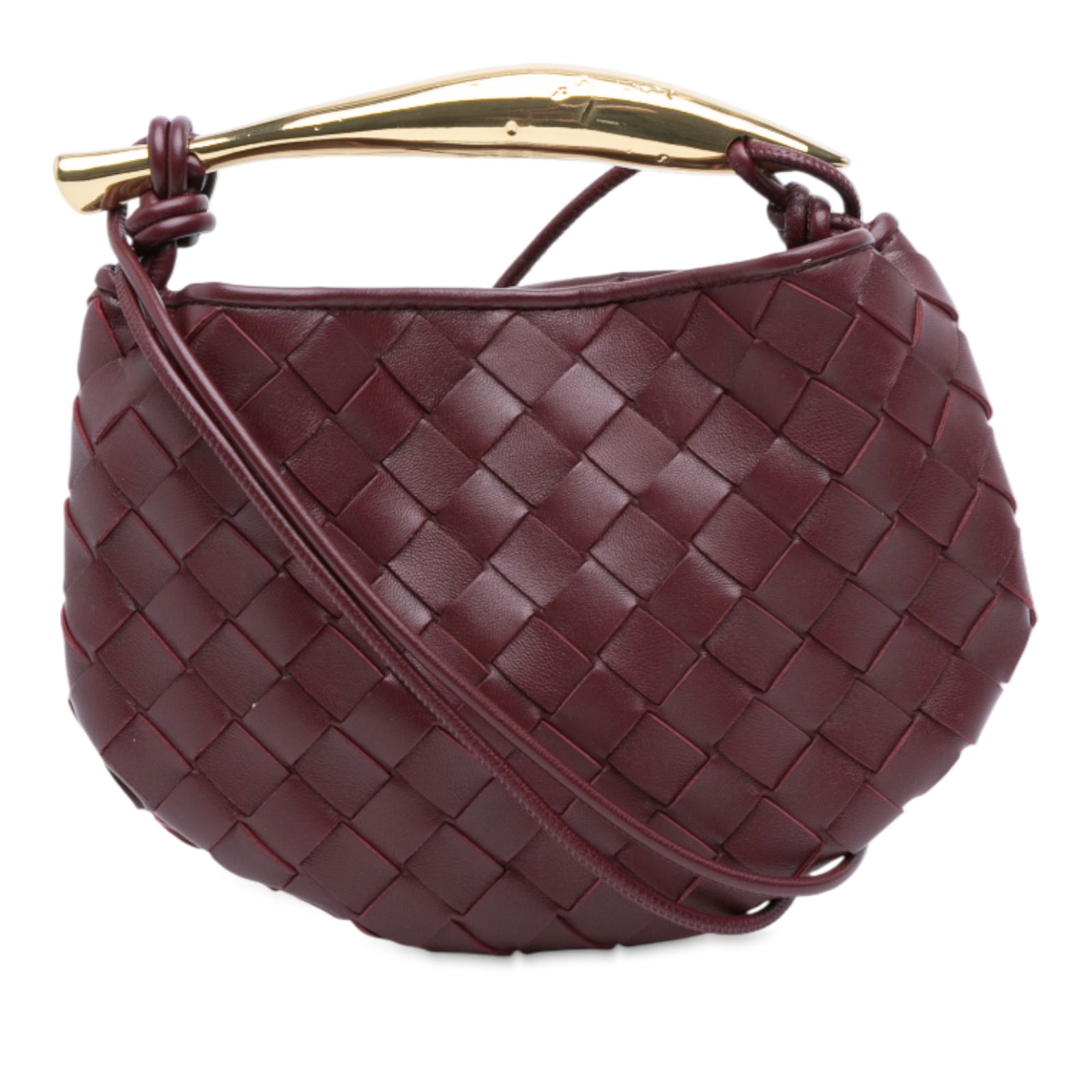 Red Lambskin Intrecciato Sardine Shoulder Bag by Bottega Veneta: Red Lambskin Intrecciato Sardine Shoulder Bag by Bottega Veneta This Bottega Veneta Sardine satchel showcases a woven lambskin leather body in red, complemented by a gold-tone metal handle and rolled