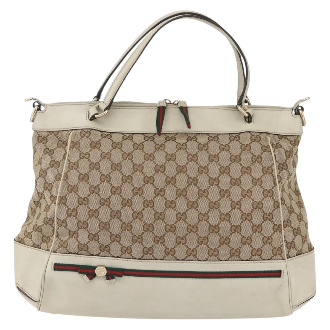 Mayfair Convertible Tote Bag by Gucci in Beige: Mayfair Convertible Tote Bag by Gucci in Beige This pre-owned Gucci Mayfair Convertible Tote is a beige tote bag designed for women. It is in good condition, showing signs of use such as surface rubbi