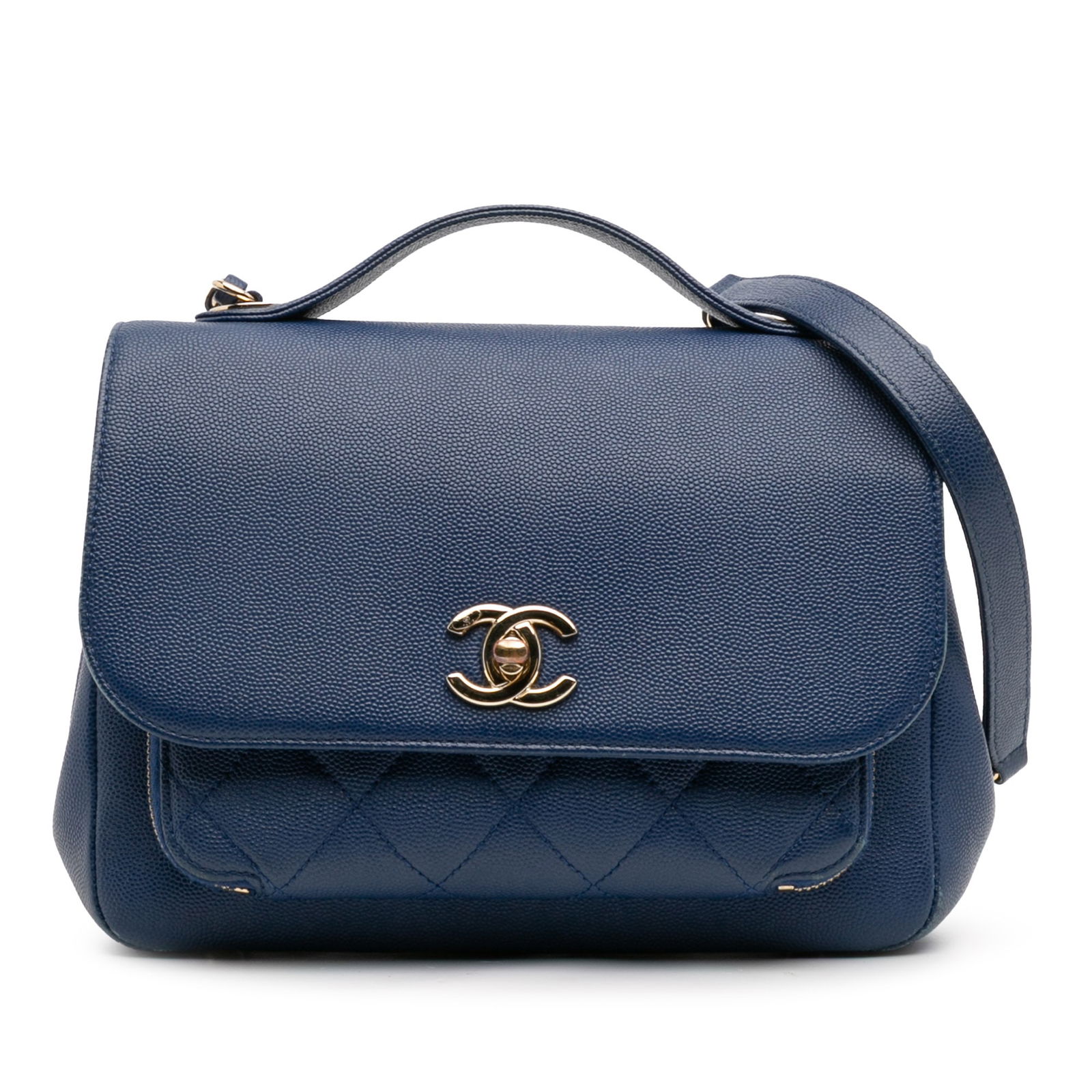 Chanel Medium Caviar Business Affinity Flap Bag Blue Leather: Chanel Medium Caviar Business Affinity Flap Bag Blue Leather The Chanel Medium Caviar Business Affinity Flap bag is a sophisticated accessory crafted from caviar leather. It features a flat leather to
