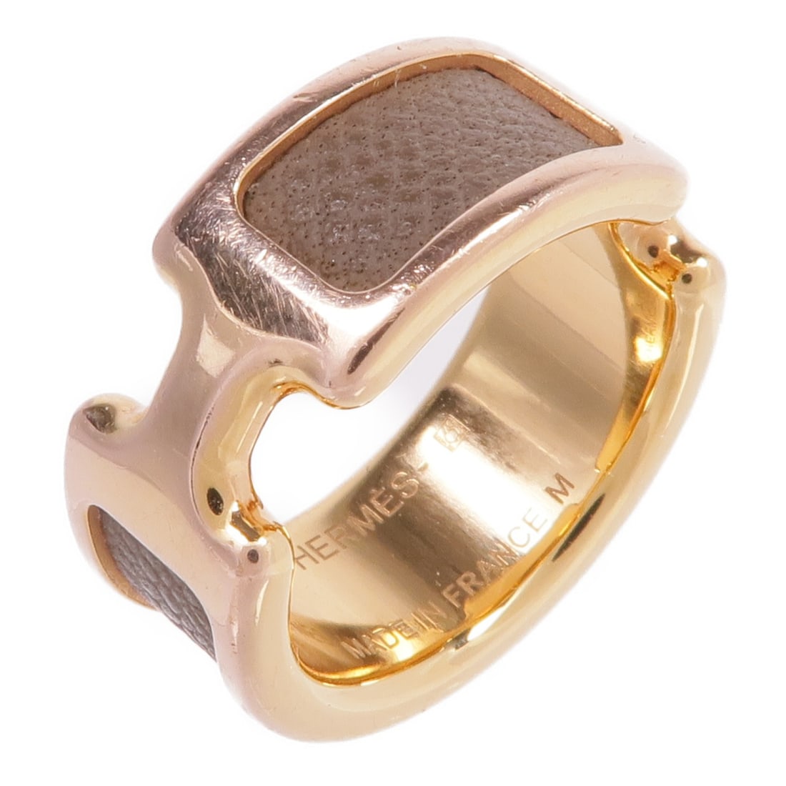 Olympe Calfskin and Gold Tone Ring by Hermes Size 6.75: Olympe Calfskin and Gold Tone Ring by Hermes Size 6.75 This Hermes Olympe ring features a combination of calfskin leather and metal in a gold and brown color scheme. Designed in a US ring size 6.75, i