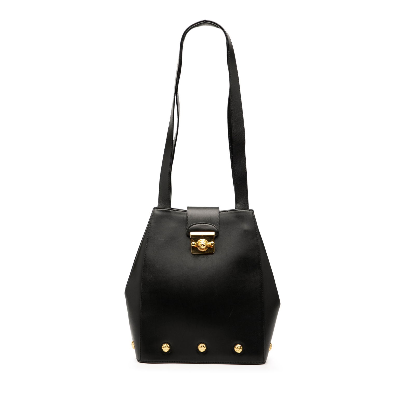 Ferragamo Black Leather Shoulder Bag with Snap Closure: Ferragamo Black Leather Shoulder Bag with Snap Closure This Ferragamo Leather Shoulder Bag is a stylish accessory crafted from high-quality leather. The bag features flat leather straps for comfortabl
