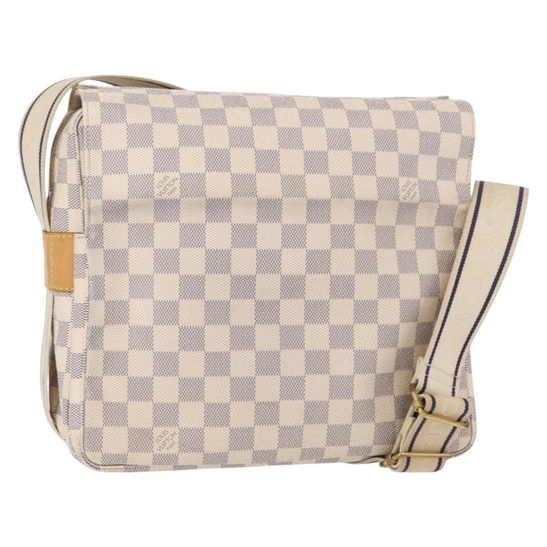 Naviglio Shoulder Bag in Beige Canvas by Louis Vuitton: Naviglio Shoulder Bag in Beige Canvas by Louis Vuitton This is a Louis Vuitton Naviglio shoulder bag in beige, designed for women. The exterior shows stains and slight rubbing, with leather featuring