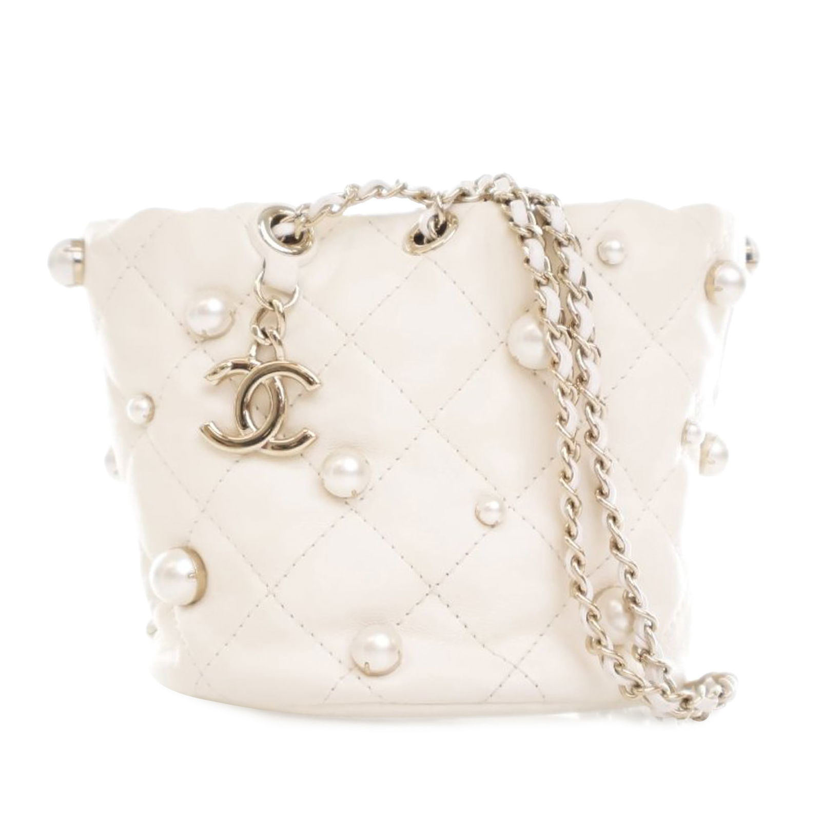 Chanel Mini Bucket Bag Quilted Lambskin with Faux Pearls: Chanel Mini Bucket Bag Quilted Lambskin with Faux Pearls This exquisite Chanel Mini Quilted Lambskin About Pearls Drawstring Bucket Bag showcases a luxurious quilted lambskin leather body adorned with