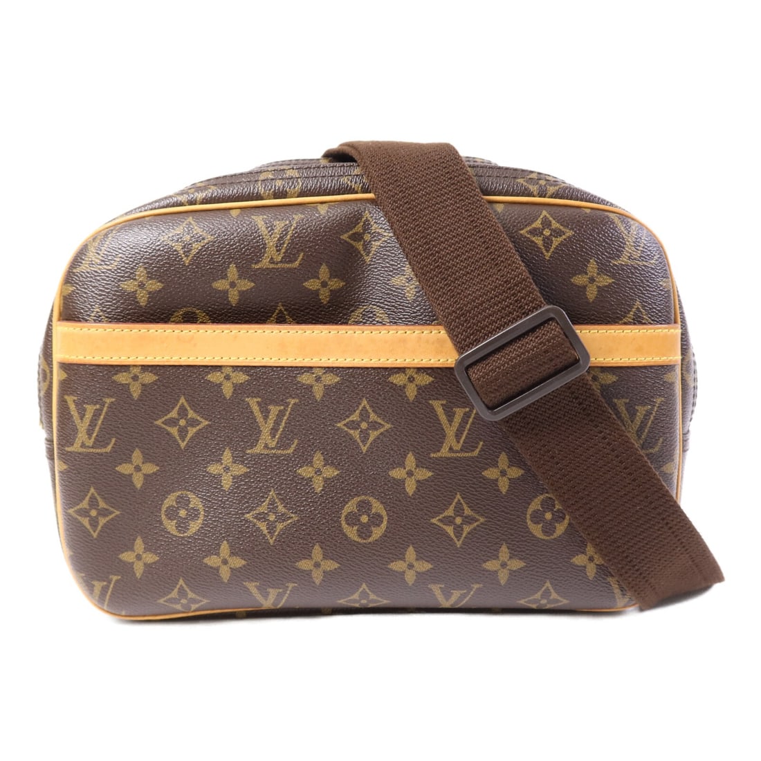 Louis Vuitton Reporter PM Monogram Brown Shoulder Bag with Gold Hardware: Louis Vuitton Reporter PM Monogram Brown Shoulder Bag with Gold Hardware This Louis Vuitton Reporter PM shoulder bag features the iconic monogram brown PVC coated canvas. Designed for durability and s