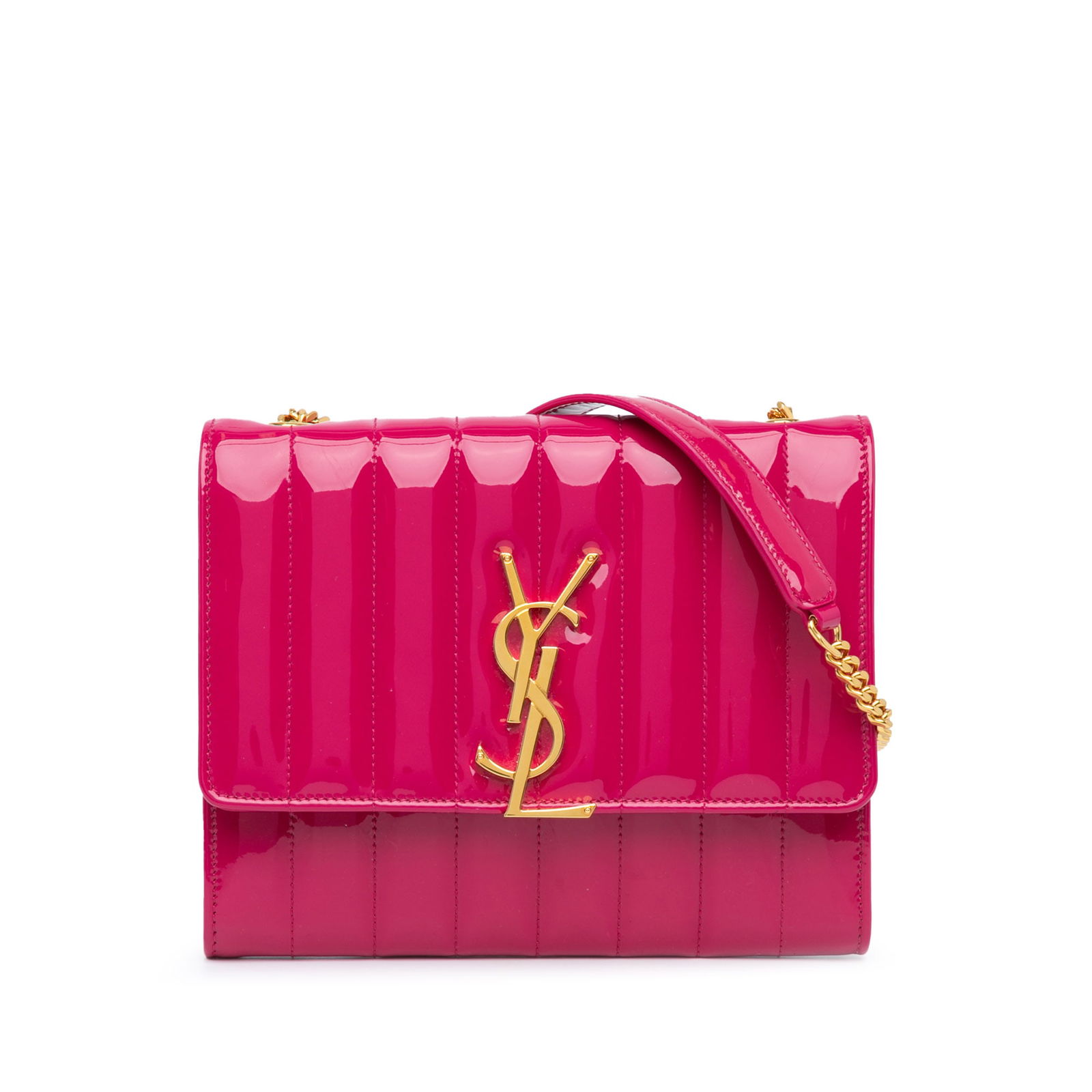 Saint Laurent Pink Medium Patent Vicky Crossbody Bag: Saint Laurent Pink Medium Patent Vicky Crossbody Bag The Saint Laurent Medium Patent Vicky Crossbody is a chic accessory crafted from quilted patent leather in a vibrant pink hue. It features a stylis