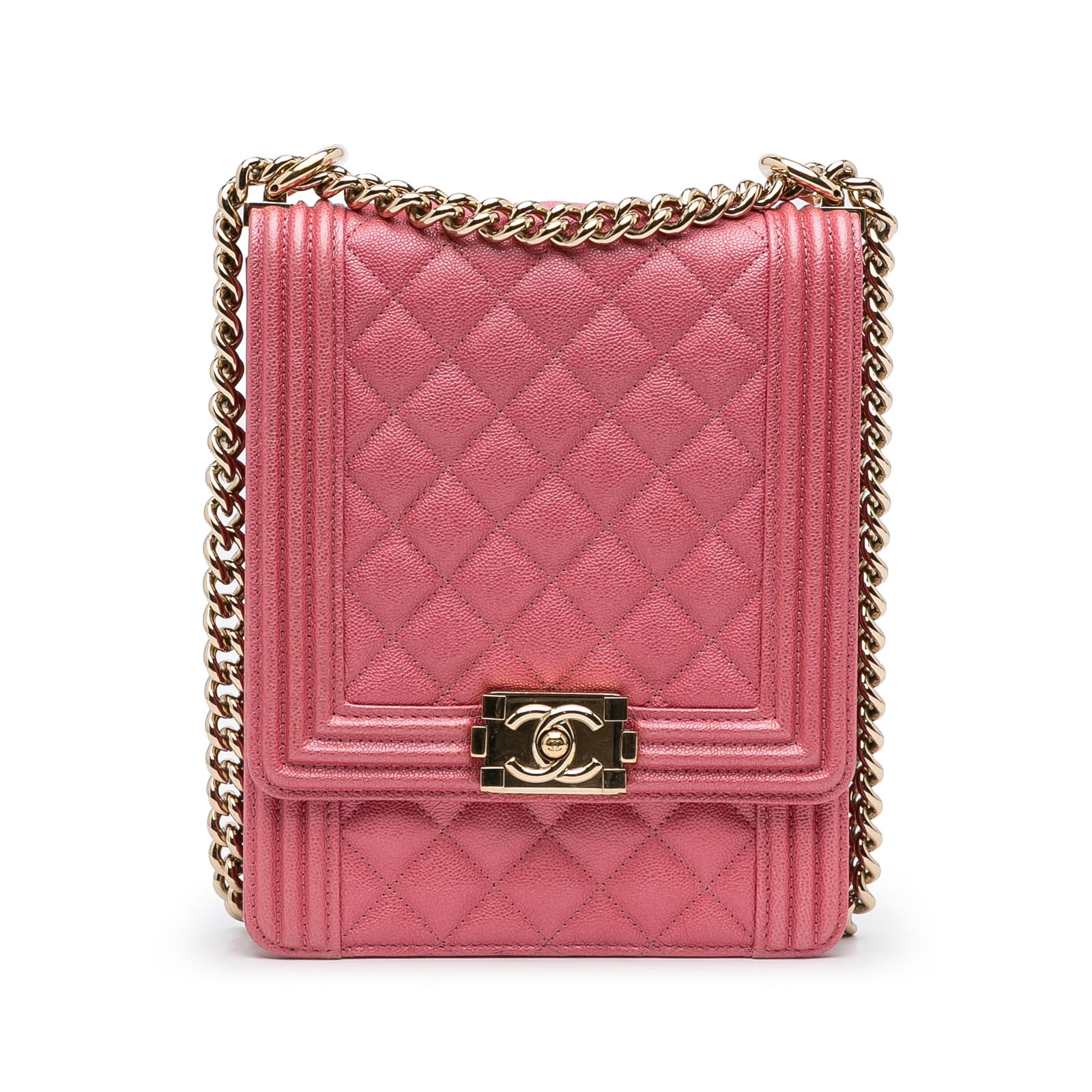 Chanel Pink Quilted Caviar North South Boy Flap Crossbody Bag: Chanel Pink Quilted Caviar North South Boy Flap Crossbody Bag This exquisite Chanel North South Boy Flap crossbody bag showcases a refined leather body, complemented by a front flap featuring a signat