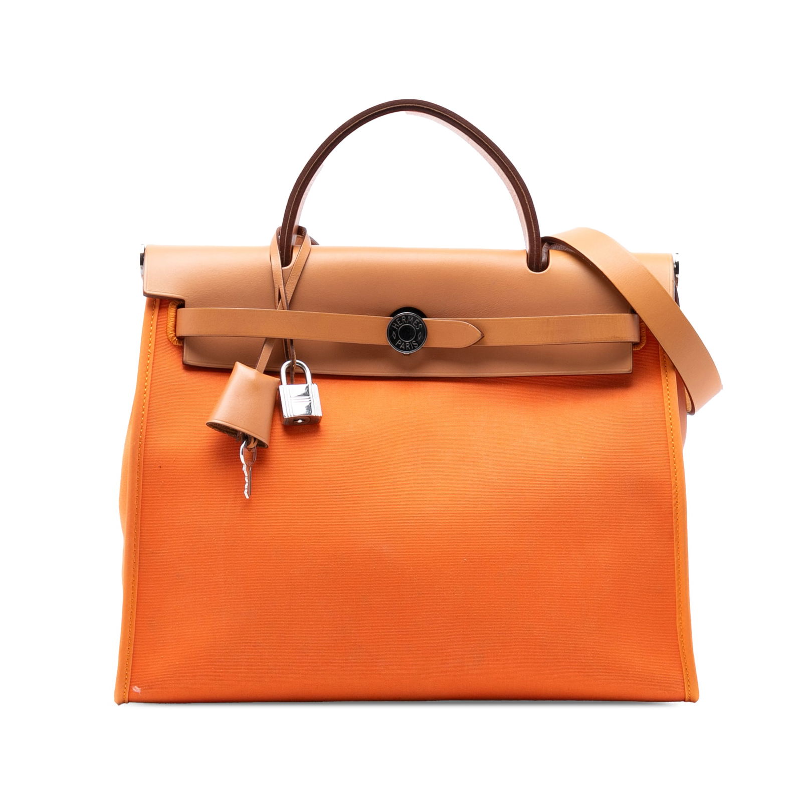 Herbag Zip 31 Orange Canvas Shoulder Bag with Leather Trim by Hermes: Herbag Zip 31 Orange Canvas Shoulder Bag with Leather Trim by Hermes The Hermes Toile Herbag Zip 31 is crafted with a canvas body featuring leather trim, a flat leather top handle, and a flat leather