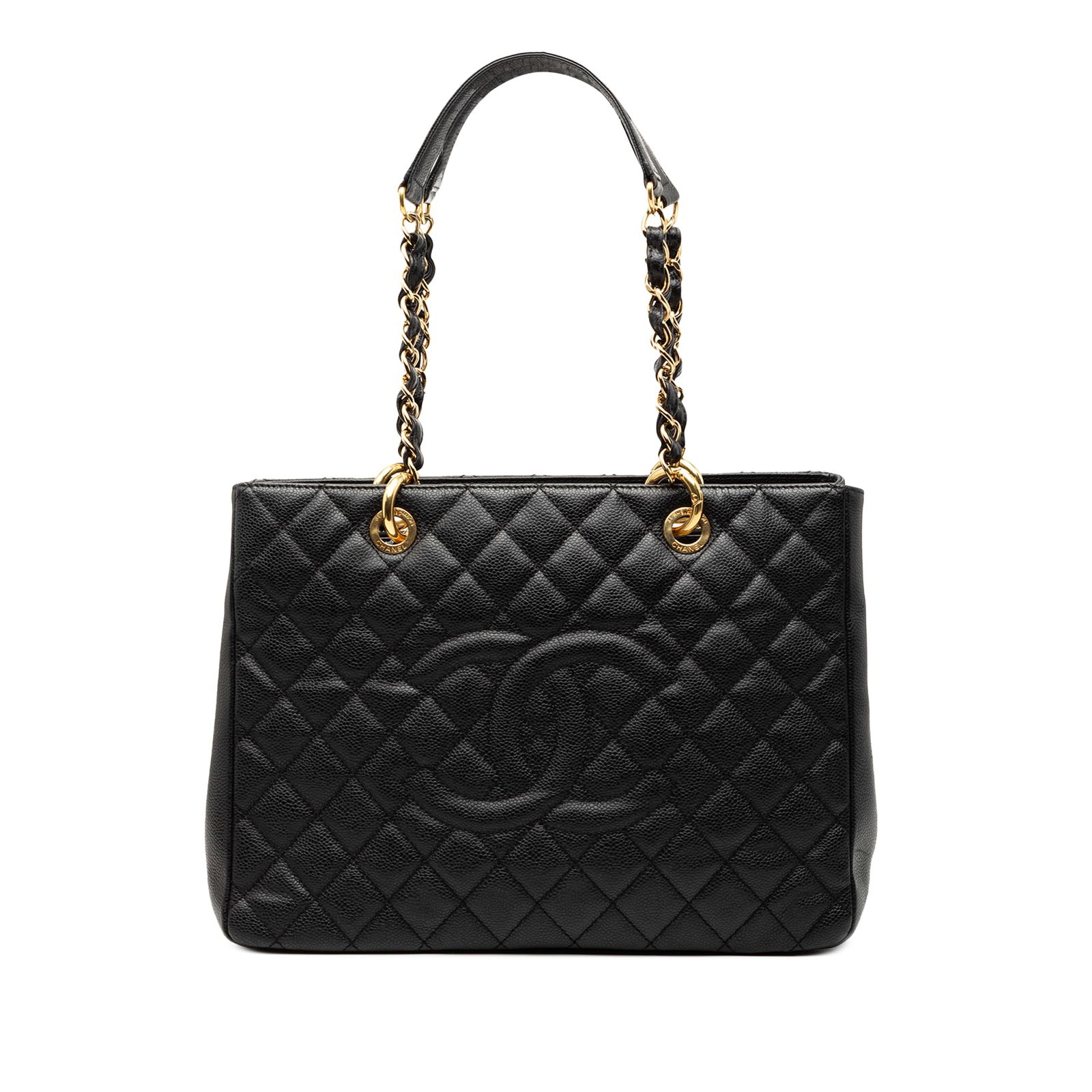 Black Caviar Leather Grand Shopping Tote by Chanel with Quilted Design: Black Caviar Leather Grand Shopping Tote by Chanel with Quilted Design This Chanel Grand Shopping Tote is crafted from quilted Caviar leather and features leather-woven chain shoulder straps. The bag