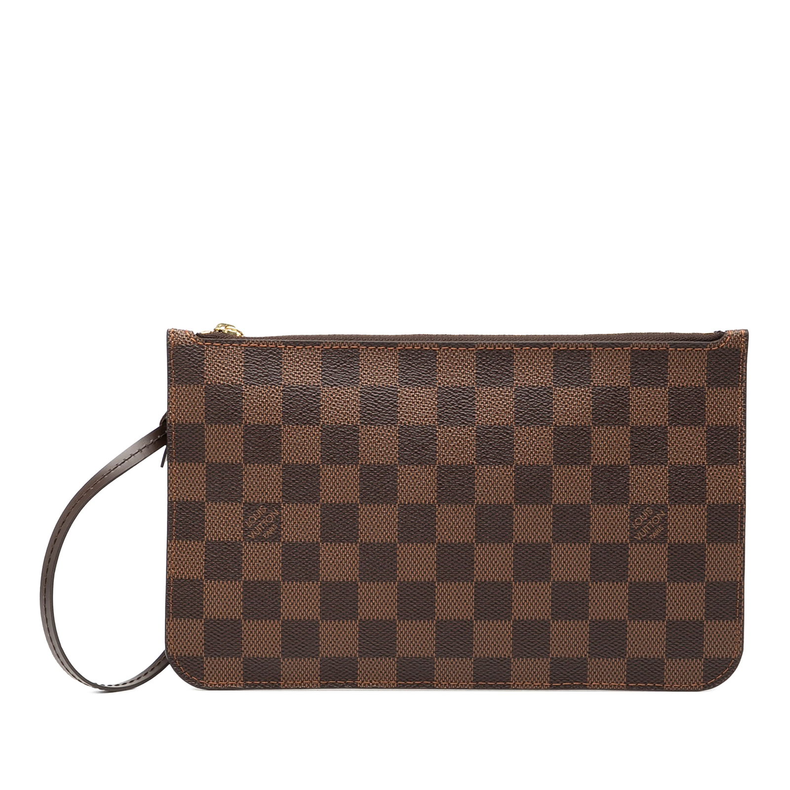 Damier Ebene Canvas Neverfull MM Pouch with Wrist Strap by Louis Vuitton: Damier Ebene Canvas Neverfull MM Pouch with Wrist Strap by Louis Vuitton This Louis Vuitton Damier Ebene Neverfull Pouch MM features the signature damier ebene canvas body, a detachable flat leather w