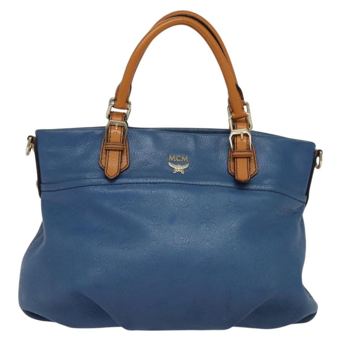 Blue MCM Visetos Vintage Tote Bag with Shoulder Strap: Blue MCM Visetos Vintage Tote Bag with Shoulder Strap This MCM Vintage Visetos tote bag features a blue exterior with signature MCM monogram detailing. Designed for female use, the bag has a spacious
