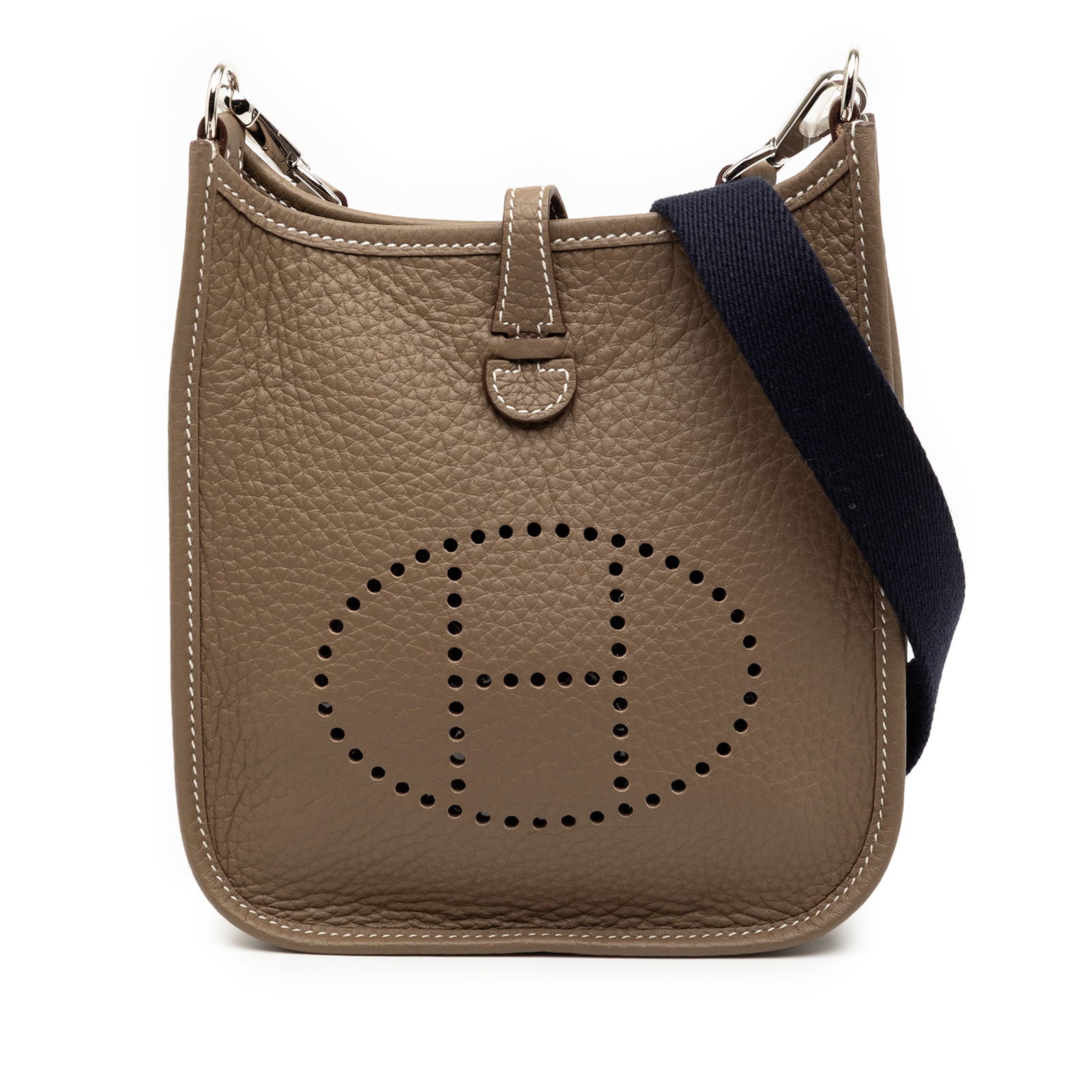 Hermes Evelyne TPM Etoupe Clemence Leather Bag with Canvas Strap: Hermes Evelyne TPM Etoupe Clemence Leather Bag with Canvas Strap The Hermes Clemence Evelyne TPM features an Etoupe Clemence leather body, complemented by a detachable flat canvas strap and an open to