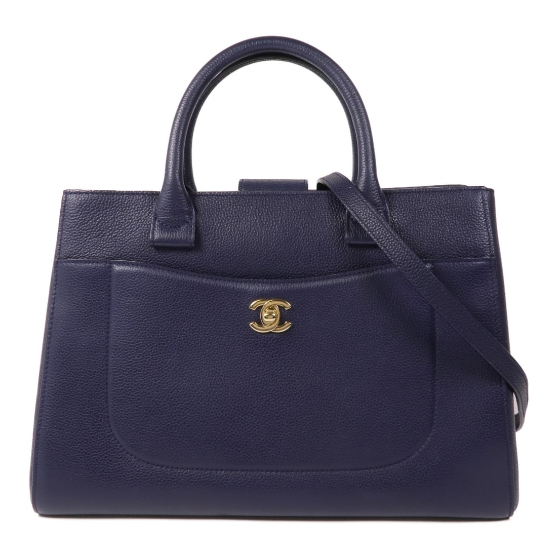 CHANEL Navy Calfskin Leather 2way Shoulder Bag with GHW: CHANEL Navy Calfskin Leather 2way Shoulder Bag with GHW This elegant CHANEL Neo Executive 2way Shoulder Bag is crafted from luxurious navy calfskin leather, exuding sophistication and style. The bag f