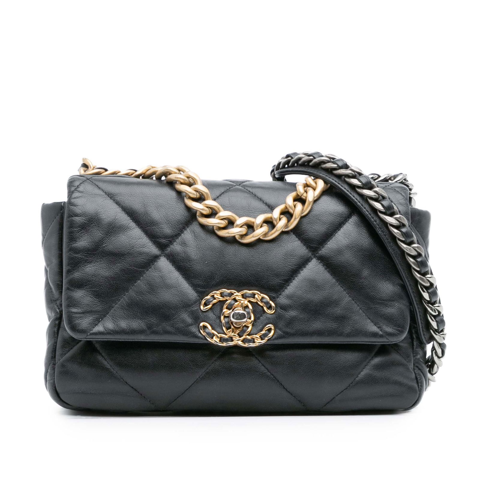 Chanel Medium 19 Flap Bag Black Lambskin Leather Gold Tone Chain (1 of 12)