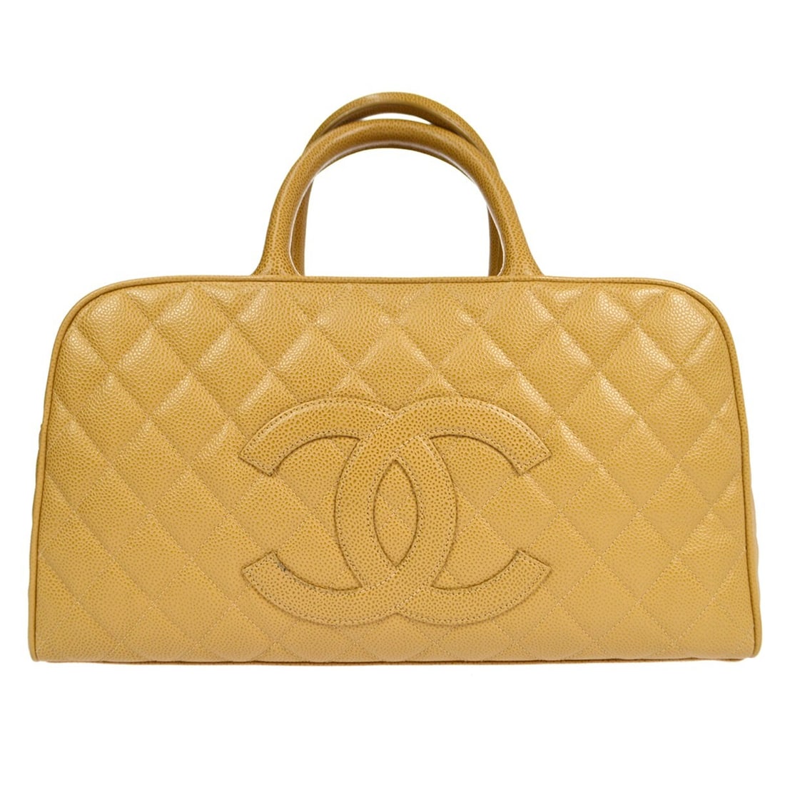 Chanel Caviar Leather Beige Bowling Bag with Logo Accents: Chanel Caviar Leather Beige Bowling Bag with Logo Accents This Chanel Beige Calfskin Bowling Bag is a stylish and practical accessory perfect for casual outings. Made from luxurious caviar skin leathe