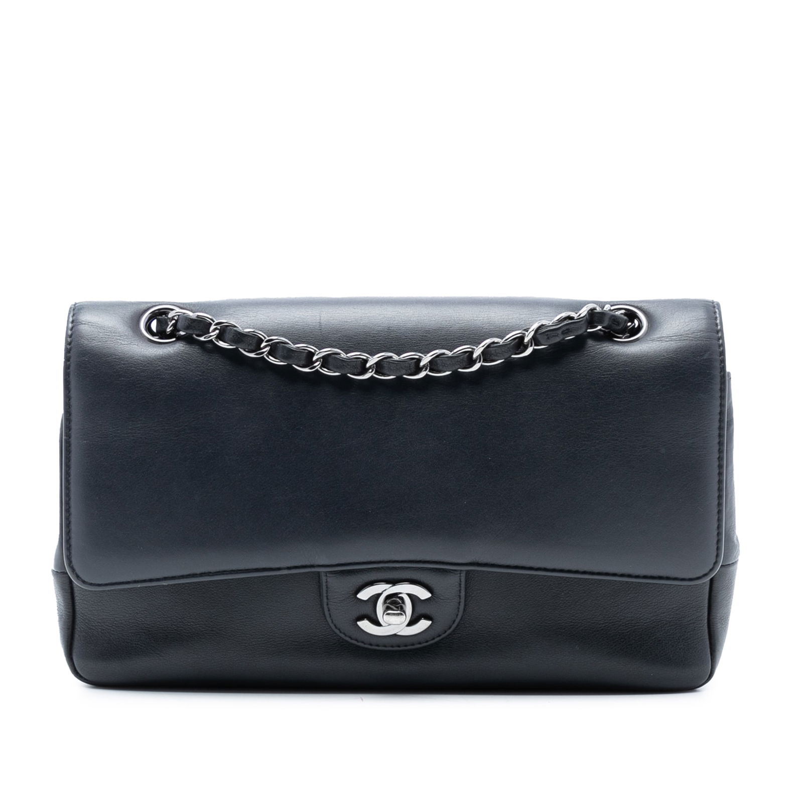 Chanel Medium Double Flap Black Calfskin Shoulder Bag: Chanel Medium Double Flap Black Calfskin Shoulder Bag This Chanel Medium Smooth Calfskin Pure Double Flap shoulder bag is crafted from black calfskin leather and features leather-woven chain link stra