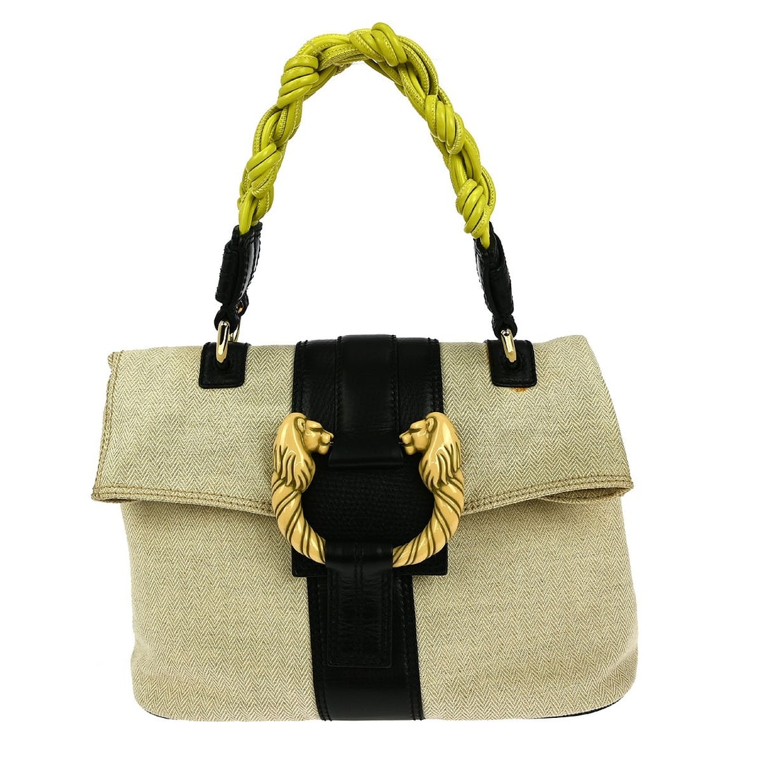 Bvlgari Leoni Beige Canvas Handbag with Double Handles: Bvlgari Leoni Beige Canvas Handbag with Double Handles The Bvlgari Beige Canvas Leoni Handbag is a stylish medium-sized accessory featuring a distinctive logo pattern. Crafted from durable canvas, it