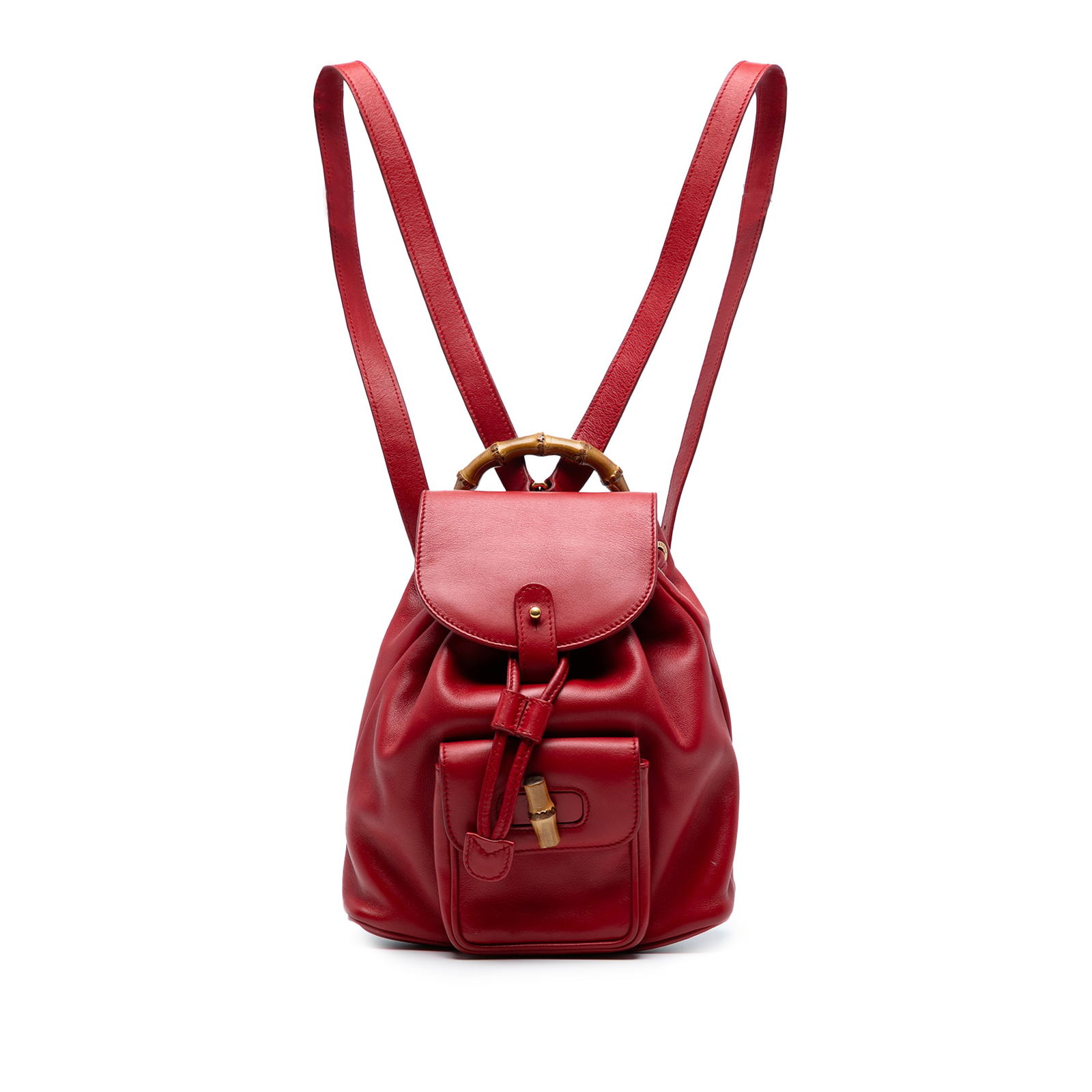 Gucci Red Leather Bamboo Drawstring Backpack with Flap Pocket (1 of 7)