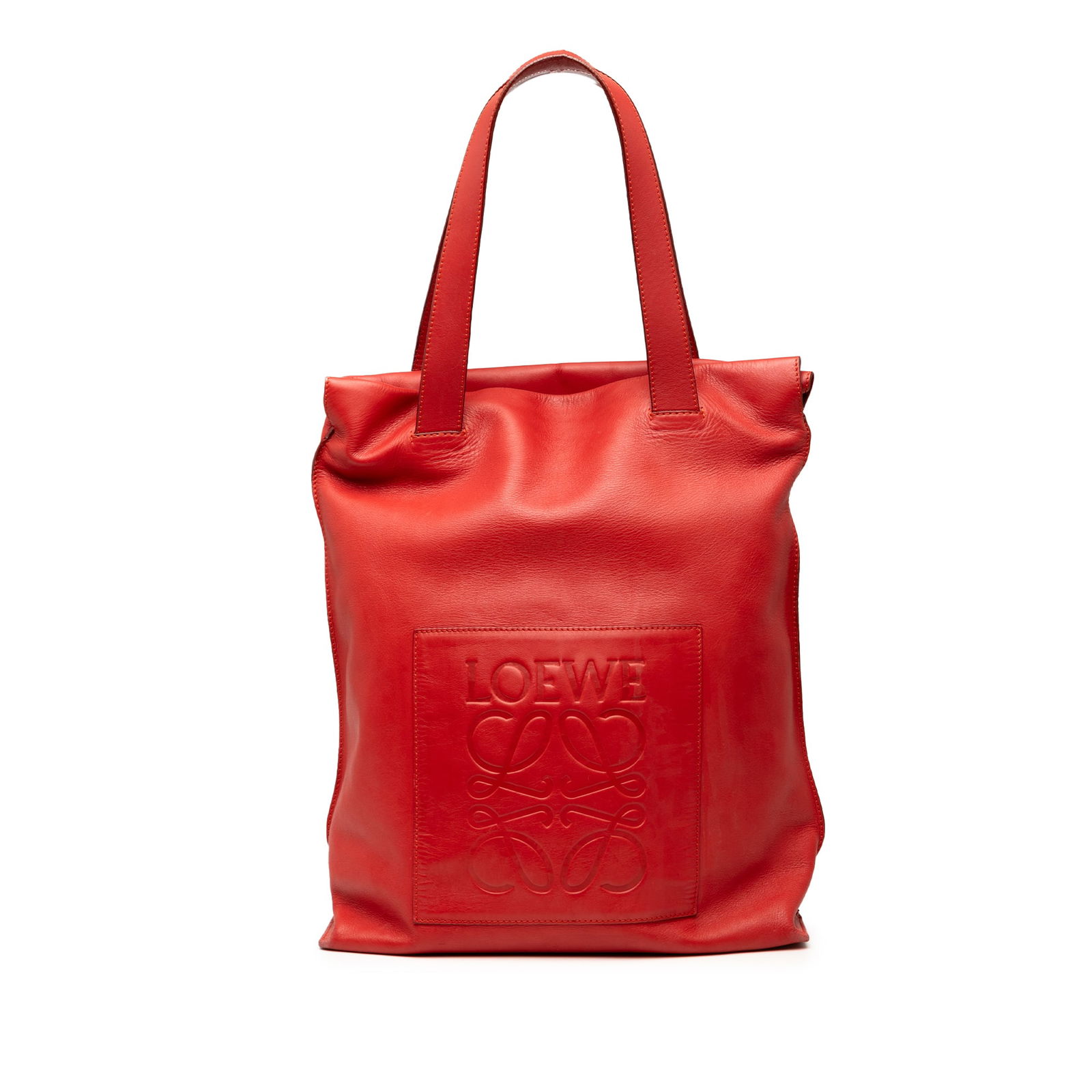 LOEWE Red Leather Anagram Shopper Tote Bag Spain: LOEWE Red Leather Anagram Shopper Tote Bag Spain Introducing the LOEWE Leather Anagram Shopper Tote, a stunning red leather bag that combines style and functionality. This tote features a spacious lea