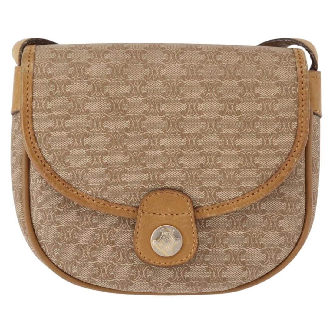 Vintage Macadam Shoulder Bag by Celine in Beige: Vintage Macadam Shoulder Bag by Celine in Beige This pre-owned Celine Macadam shoulder bag features a beige exterior with the signature Macadam pattern. The bag exhibits signs of use, including rubbin