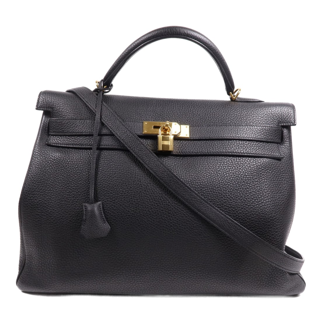 Black Togo Leather Kelly 40 Two Way Shoulder Bag with Gold Hardware: Black Togo Leather Kelly 40 Two Way Shoulder Bag with Gold Hardware This Hermes Kelly 40 two-way shoulder bag is crafted from Togo calfskin leather in black. It features both hand-carry and shoulder s