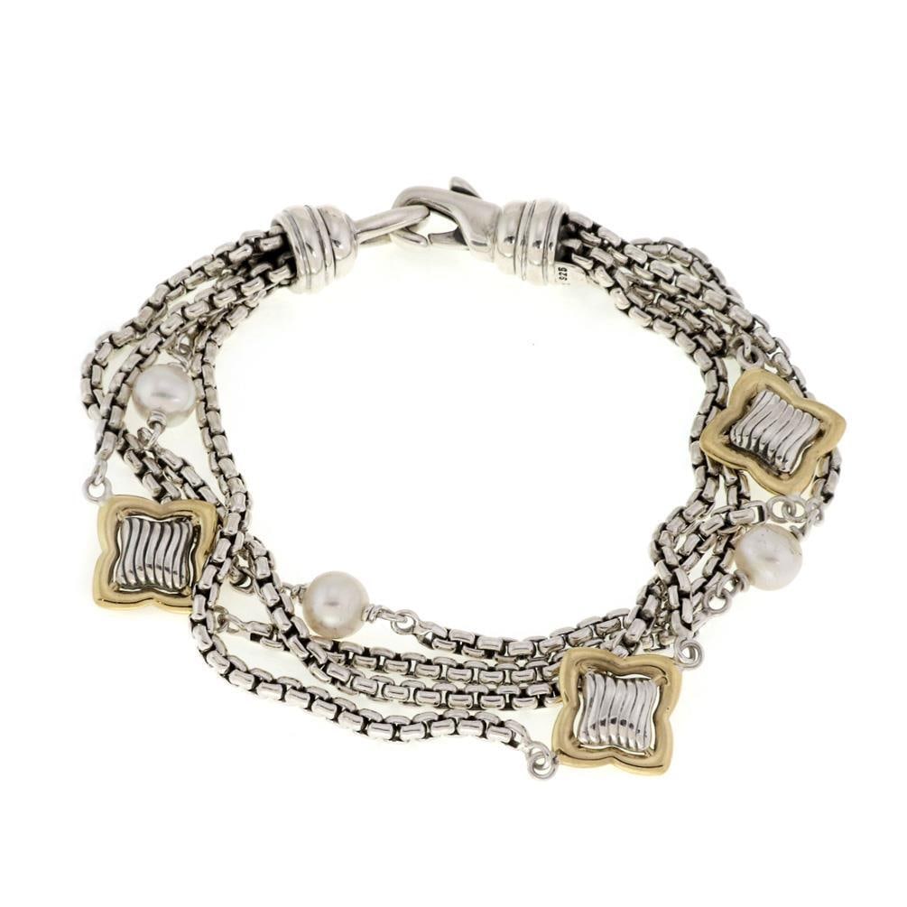 David Yurman Quatrefoil Bracelet 925 Silver 18k Gold Pearls 4 Strand Chain (1 of 4)
