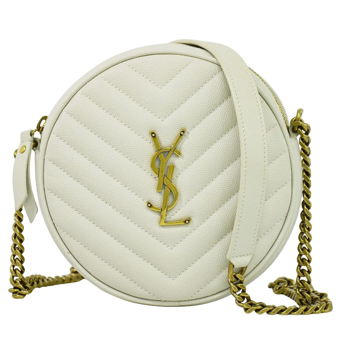 White Saint Laurent Vinyle Round Crossbody Camera Bag: White Saint Laurent Vinyle Round Crossbody Camera Bag This Saint Laurent Vinyle Round Camera Bag in white features a crossbody design tailored for women. It is in very good, used condition with some s