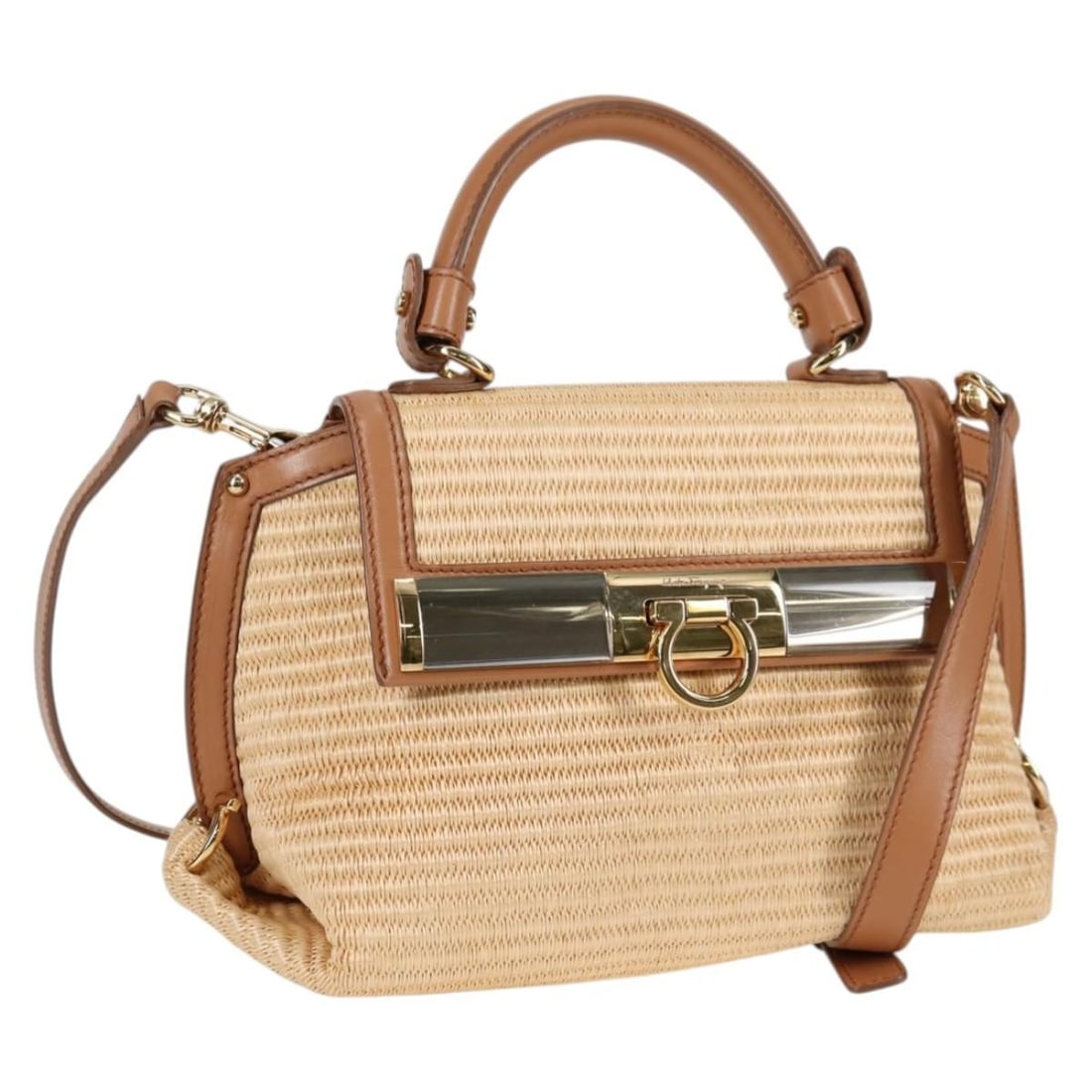 Sofia Satchel Handbag by Salvatore Ferragamo in Beige Leather (1 of 1)