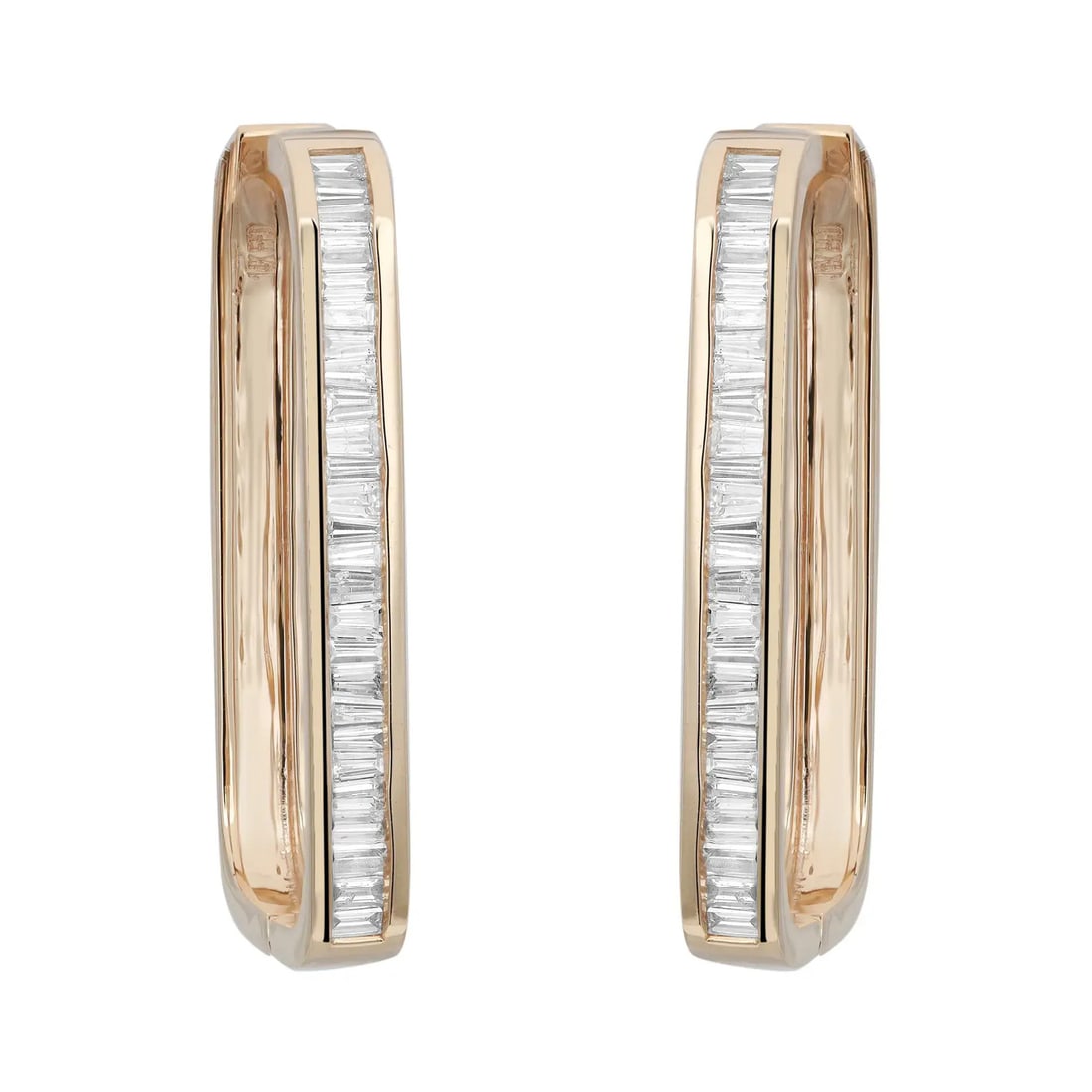 Rachel Koen 14K Yellow Gold Baguette Diamond Hoop Earrings 1.29ct: Rachel Koen 14K Yellow Gold Baguette Diamond Hoop Earrings 1.29ct Elevate your jewelry collection with these stunning Tapered Baguette Cut Diamond Hoop Earrings. Expertly crafted in 14K yellow gold, t