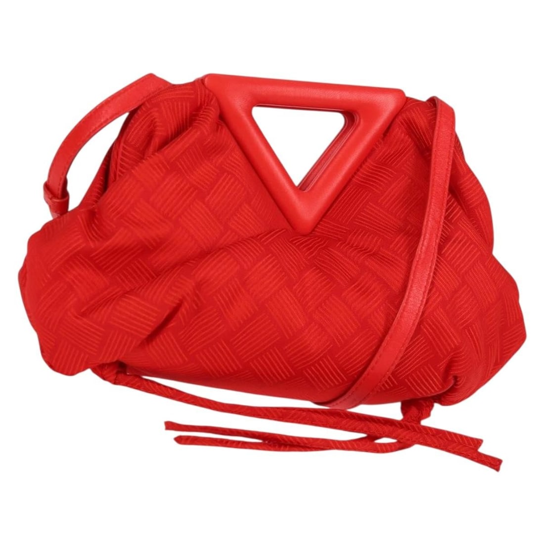 Red Point Shoulder Bag by Bottega Veneta: Red Point Shoulder Bag by Bottega Veneta This Bottega Veneta Point shoulder bag is crafted in red and features a sleek design. The bag shows minor rubbing on the outside surface, handles, shoulder str