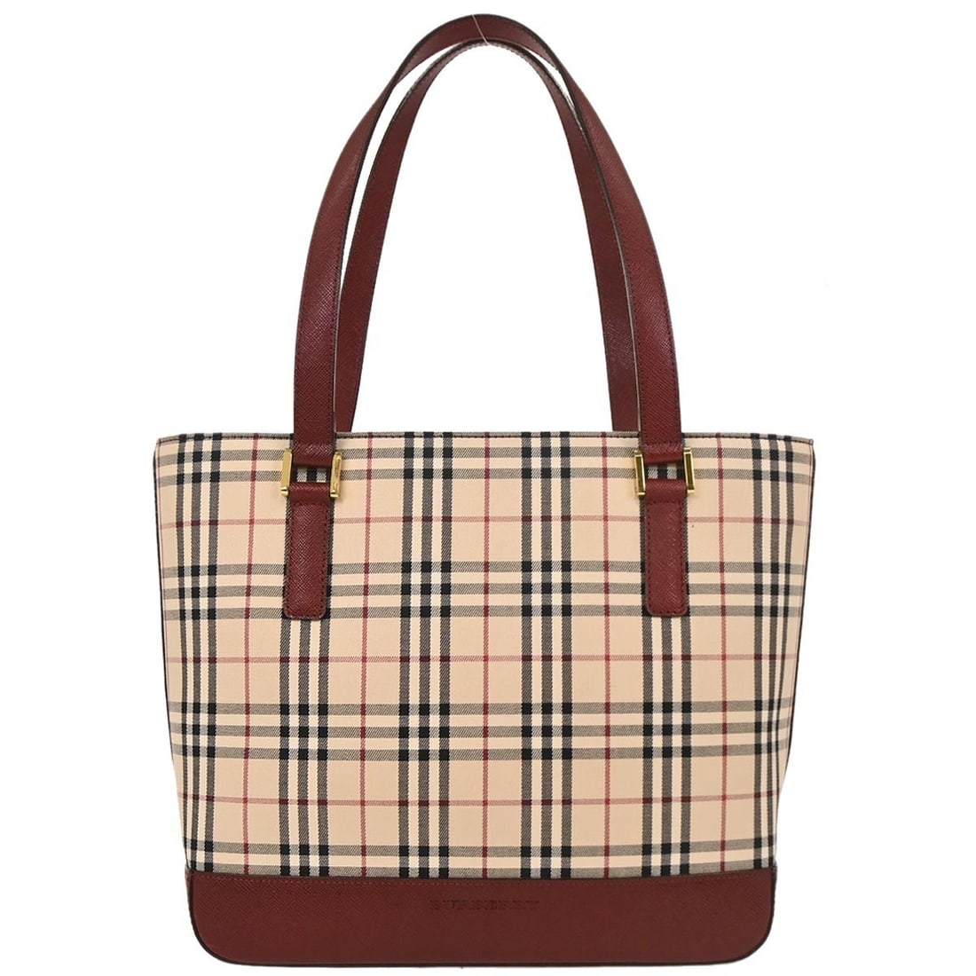 Burberry Beige Canvas Check Tote Handbag with Bordeaux Leather Handles: Burberry Beige Canvas Check Tote Handbag with Bordeaux Leather Handles This stylish Burberry tote handbag is crafted from durable beige canvas and features the iconic Burberry Check pattern. It is des