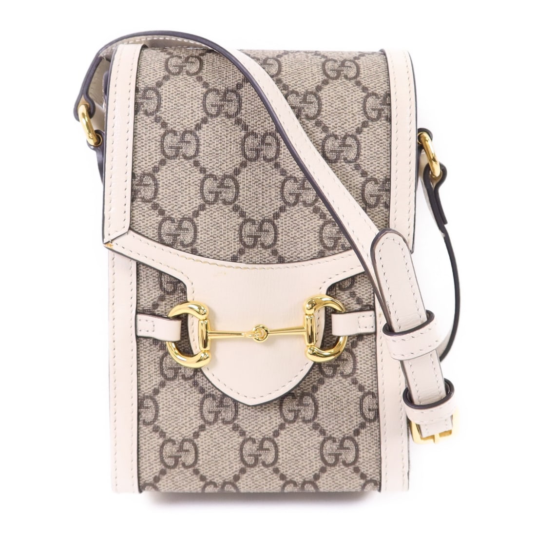GUCCI Horsebit 1955 Shoulder Bag GG GHW PVC Canvas White Brown: GUCCI Horsebit 1955 Shoulder Bag GG GHW PVC Canvas White Brown Introducing the GUCCI GG GHW Horsebit 1955 Shoulder Bag, a stylish and sophisticated accessory crafted from durable PVC coated canvas. Th