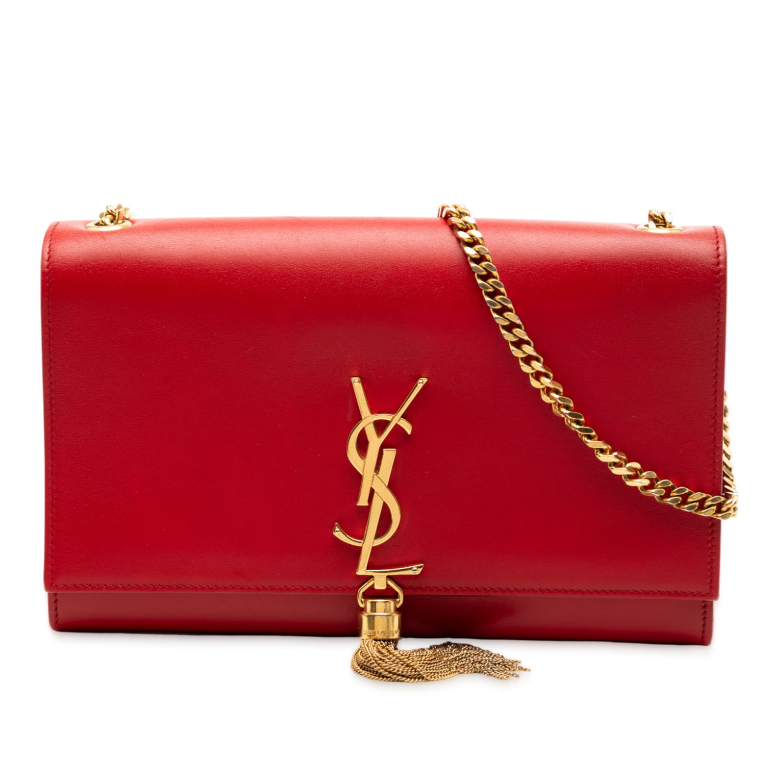 Saint Laurent Kate Medium Red Leather Crossbody Bag with Gold Chain Tassel: Saint Laurent Kate Medium Red Leather Crossbody Bag with Gold Chain Tassel This Saint Laurent Medium Smooth Calfskin Classic Monogram Kate Tassel Crossbody features a red leather body with a tassel ac