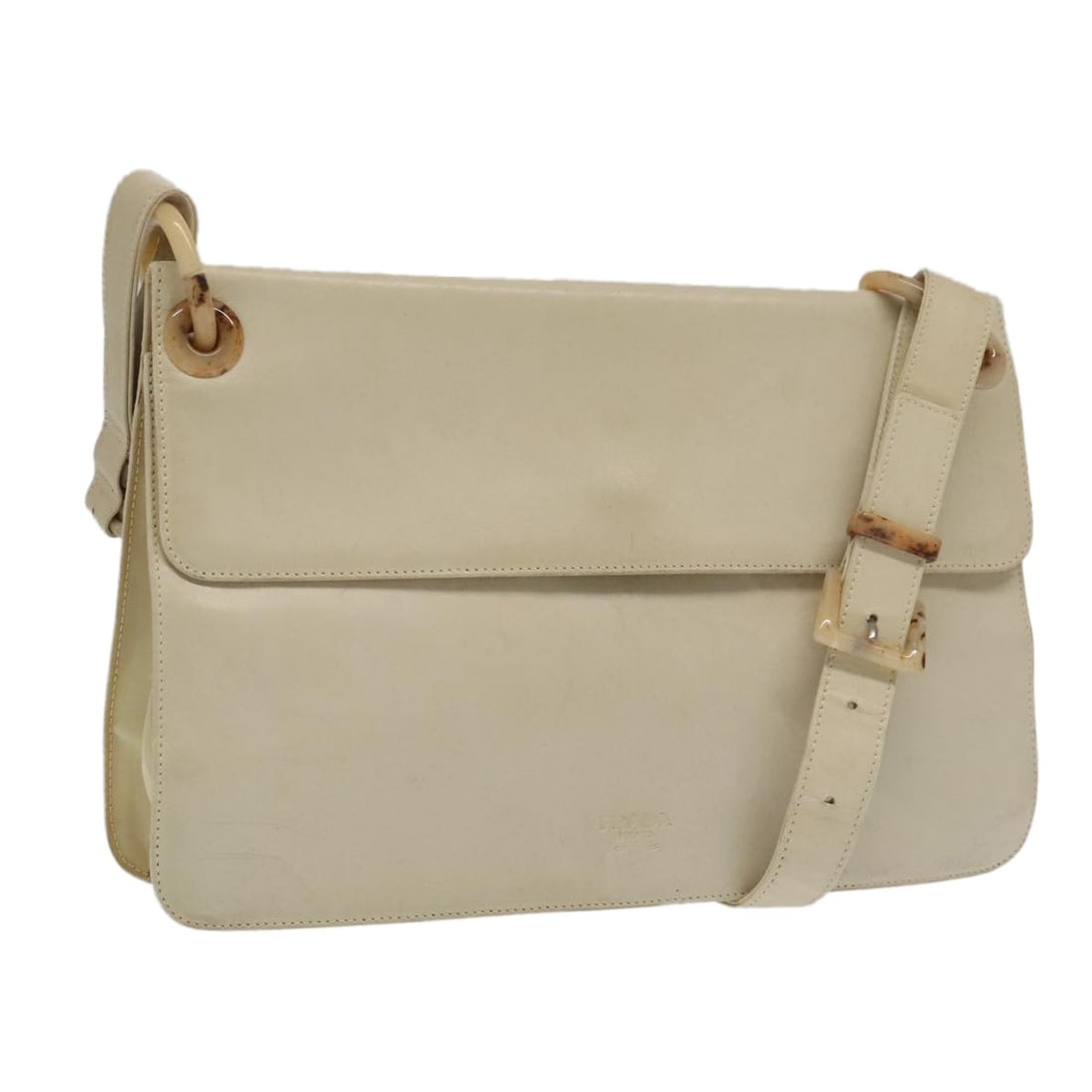 White Prada Shoulder Flap Bag for Women: White Prada Shoulder Flap Bag for Women Prada flap shoulder bag in white, designed for women. The bag shows signs of use including loss of shape, rubbing, and stains on the exterior. The shoulder stra