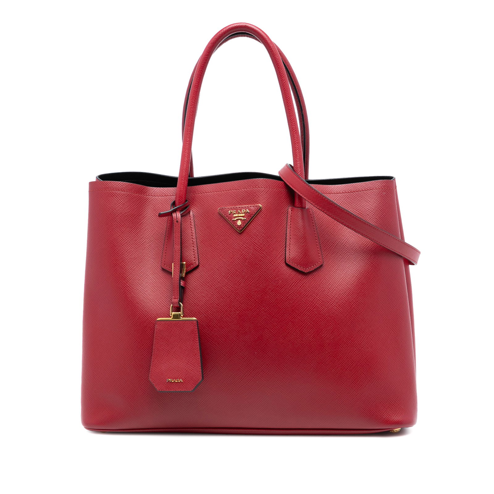 Prada Red Saffiano Leather Medium Double Satchel with Shoulder Strap: Prada Red Saffiano Leather Medium Double Satchel with Shoulder Strap This Prada Medium Saffiano Cuir Double Satchel features a saffiano leather body in red, rolled leather handles, and a detachable fl