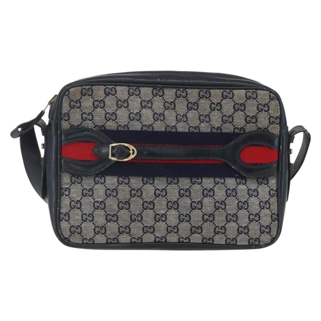 Navy Gucci Sherry Line Shoulder Bag with Leather Strap: Navy Gucci Sherry Line Shoulder Bag with Leather Strap This Gucci Sherry line shoulder bag in navy is a pre-owned item designed for women. It features a classic shoulder bag silhouette with a leather