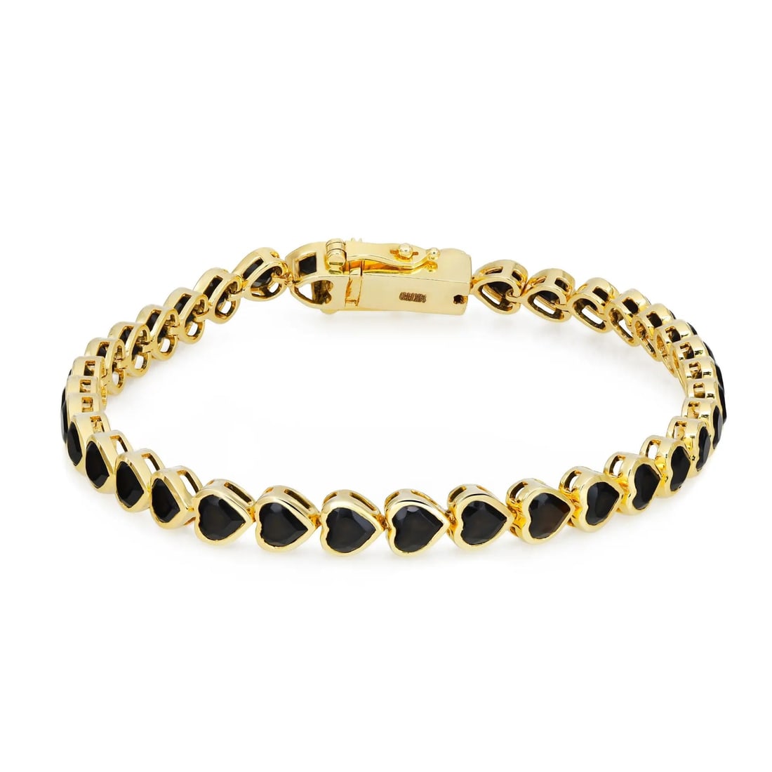 Rachel Koen 14K Yellow Gold Heart Onyx Tennis Bracelet 36 Stones: Rachel Koen 14K Yellow Gold Heart Onyx Tennis Bracelet 36 Stones This exquisite bezel set heart shape onyx tennis bracelet is crafted from 14K yellow gold, elegantly designed for a formal occasion. Th