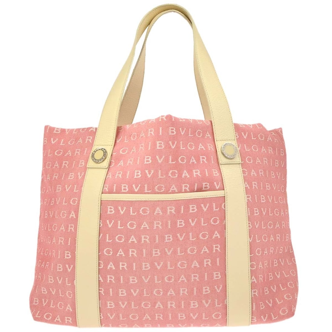 Pink Canvas Bvlgari Logomania Tote Bag with White Leather Handles: Pink Canvas Bvlgari Logomania Tote Bag with White Leather Handles This Bvlgari Logomania tote handbag features a pink canvas exterior adorned with the signature logo pattern. Designed with white doubl