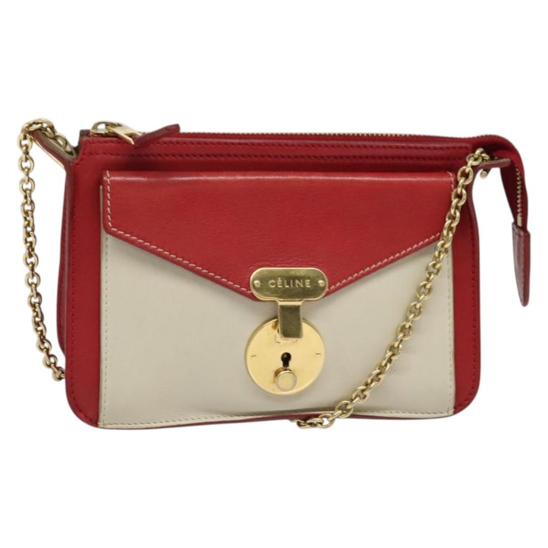 Red Shoulder Bag by Celine with Storage Odor: Red Shoulder Bag by Celine with Storage Odor This Celine shoulder bag in red features a structured design with visible signs of wear, including shape loss, rubbing, stains, and scratches on the surfac