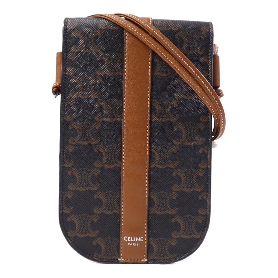 CELINE Brown Triomphe Shoulder Phone Bag with SHW: CELINE Brown Triomphe Shoulder Phone Bag with SHW Introducing the CELINE Triomphe Phone Bag, a stylish shoulder bag crafted from durable brown canvas. This elegant accessory features a compact design,