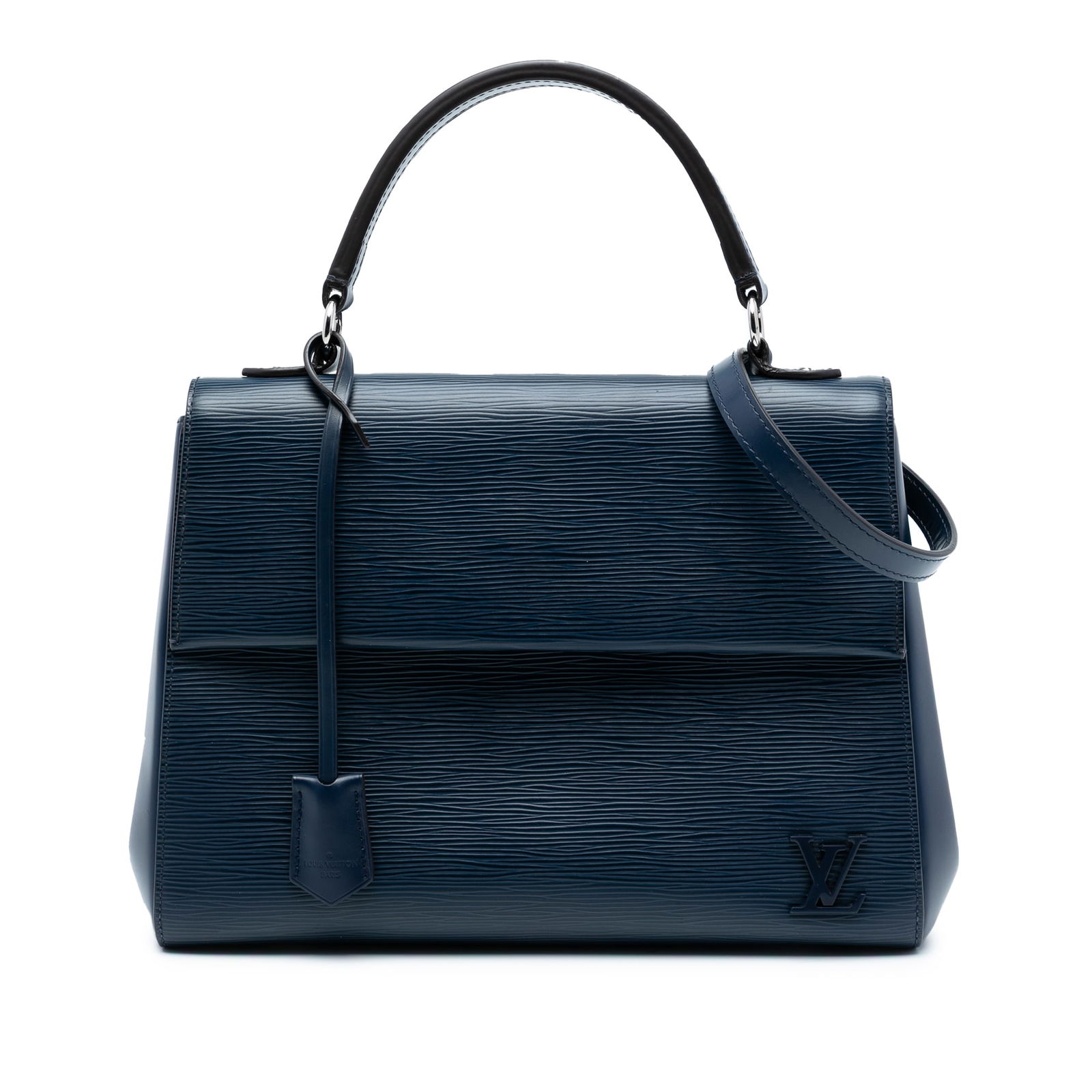 Blue Epi Leather Cluny BB Bag by Louis Vuitton with Top Handle and Strap: Blue Epi Leather Cluny BB Bag by Louis Vuitton with Top Handle and Strap This Louis Vuitton Epi Cluny BB bag is crafted from durable epi leather in blue, featuring a flat leather top handle, a detacha
