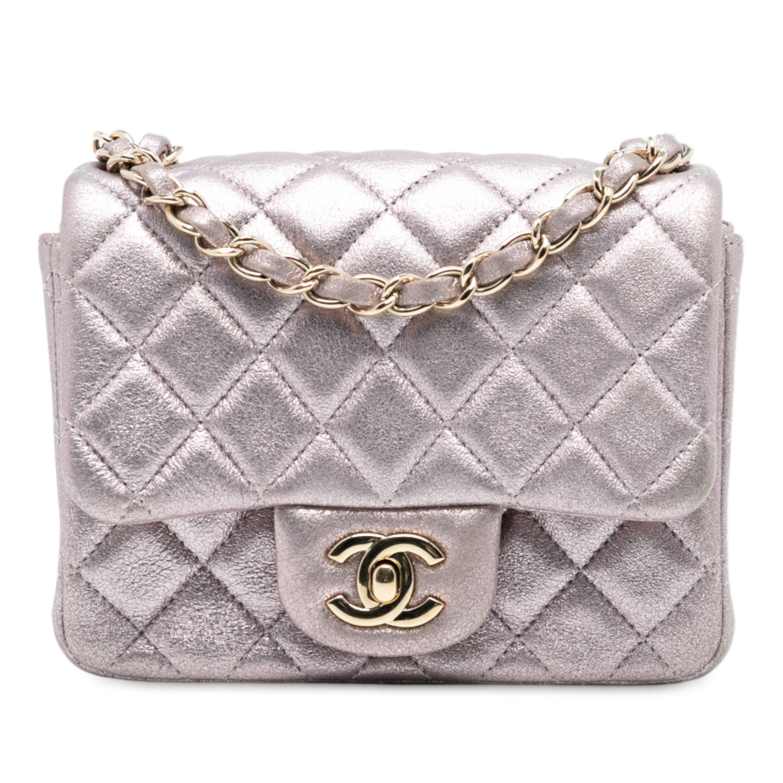 Chanel Pink Iridescent Leather Mini Square Crossbody Bag with Flap: Chanel Pink Iridescent Leather Mini Square Crossbody Bag with Flap This Chanel Mini Square Classic Iridescent Calfskin Single Flap bag features a quilted calfskin leather exterior with a pink iridesce