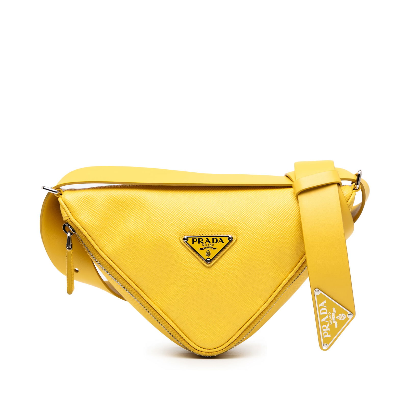 Prada Saffiano Triangle Convertible Shoulder Bag Yellow Leather: Prada Saffiano Triangle Convertible Shoulder Bag Yellow Leather Introducing the Prada Saffiano Triangle Convertible Shoulder Bag, a stylish and versatile accessory crafted from luxurious saffiano leat