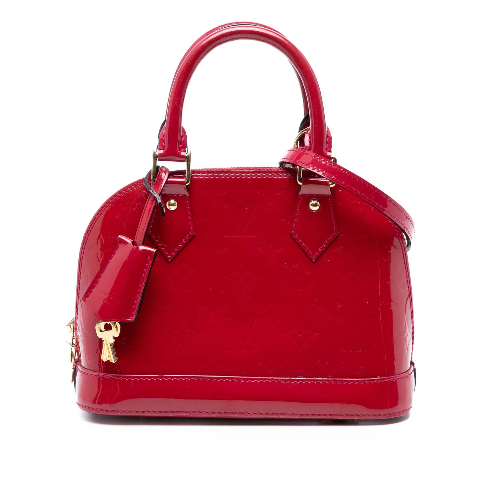 Louis Vuitton Monogram Vernis Alma BB Red Leather Bag: Louis Vuitton Monogram Vernis Alma BB Red Leather Bag The Louis Vuitton Monogram Vernis Alma BB is a stylish and compact handbag crafted from high-quality vernis leather. It features rolled leather ha