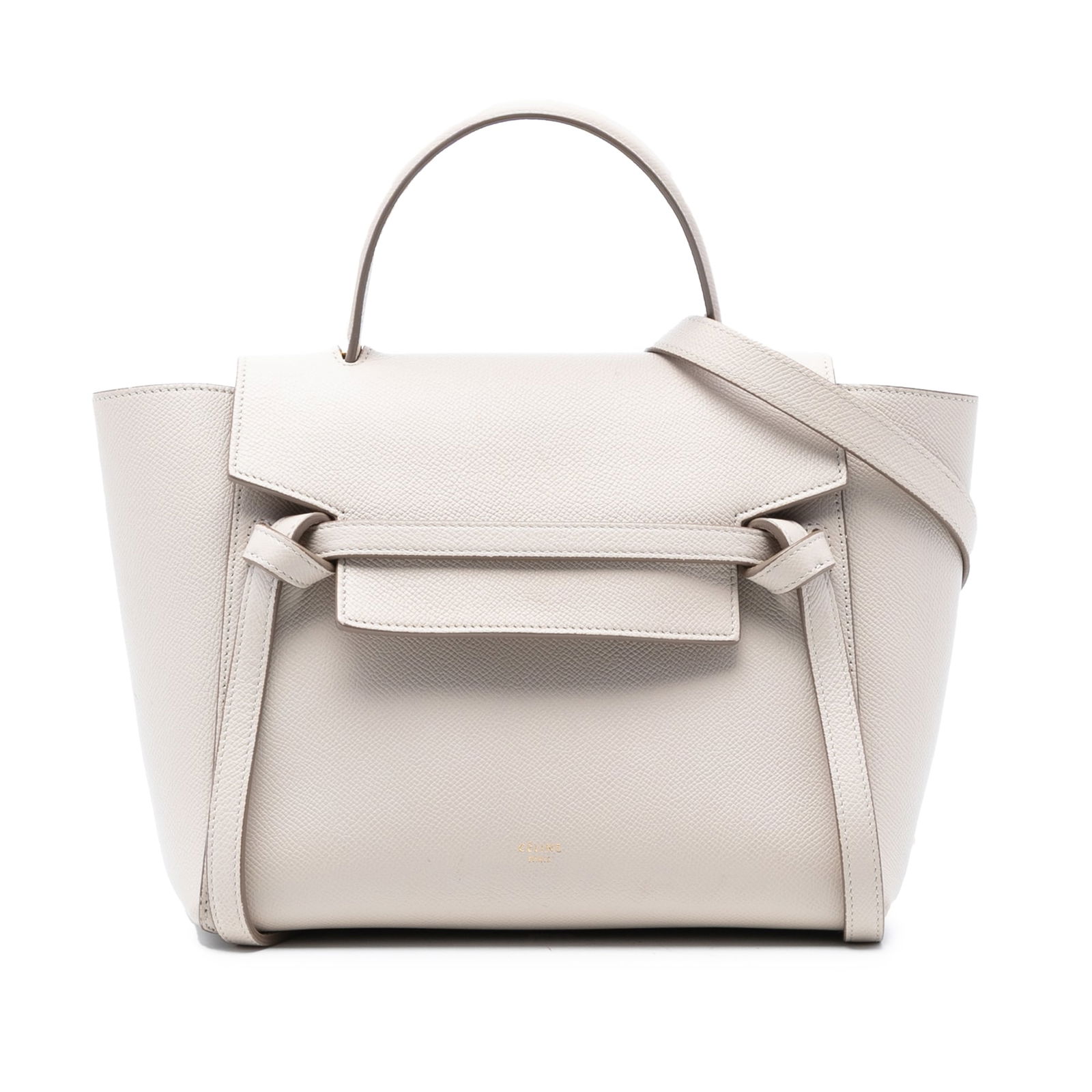 Celine Belt Bag Micro Size Grained Calfskin Leather with Shoulder Strap: Celine Belt Bag Micro Size Grained Calfskin Leather with Shoulder Strap This Celine Micro Grained Calfskin Belt Bag features a brown leather body with a flat leather top handle and a detachable, adjus