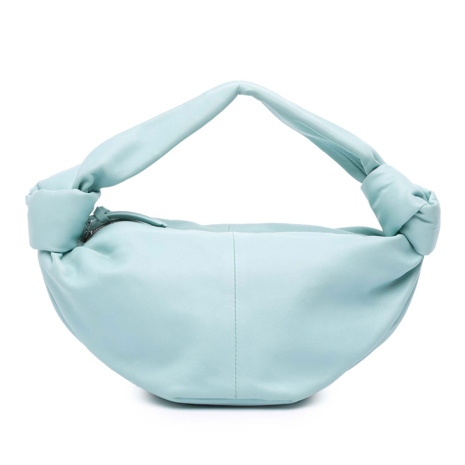 Bottega Veneta Mini Calfskin Double Knot Handbag Blue Leather: Bottega Veneta Mini Calfskin Double Knot Handbag Blue Leather This Bottega Veneta Mini Calfskin Double Knot handbag showcases a stylish leather body adorned with a distinctive knot detail. It features